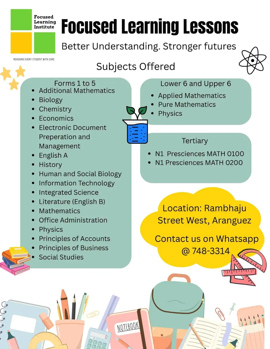 Focused Learning Lessons subjects flyer
